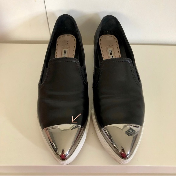 Miu Miu Metal Cap Black Leather Slip-On Sneakers - Picture 5 of 10